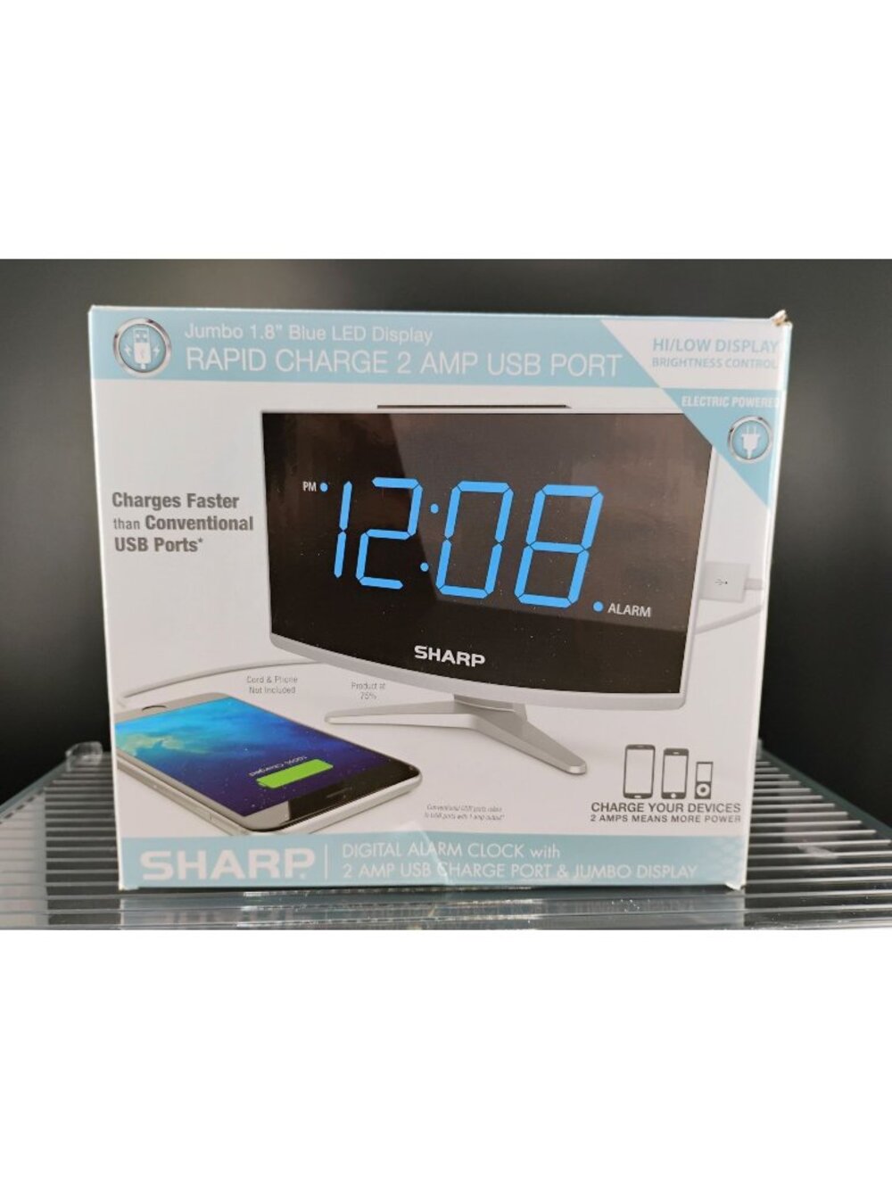 Sharp Digital Alarm Clock Jumbo Blue LED Display & 2 Amp USB
